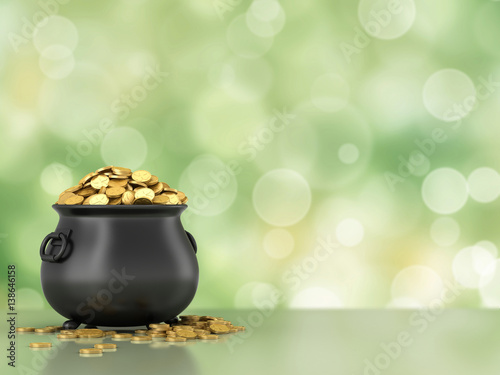 3d render of black pot full of gold coins