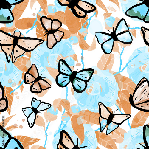 Vector seamless pattern with watercolor camellias and butterflie