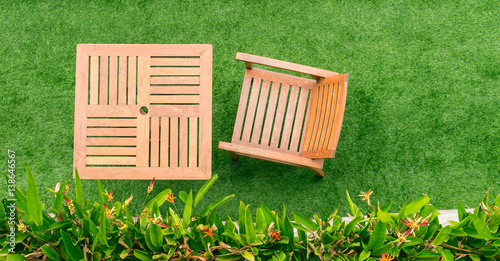 top view wood table and chair table on grass