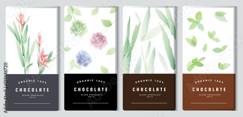 Chocolate bar packaging mock up set, watercolor style. Trendy luxury product branding template with label and geometric pattern. vector