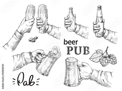 Hands holding and clinking with beer glasses mug in graphic style vector illustration