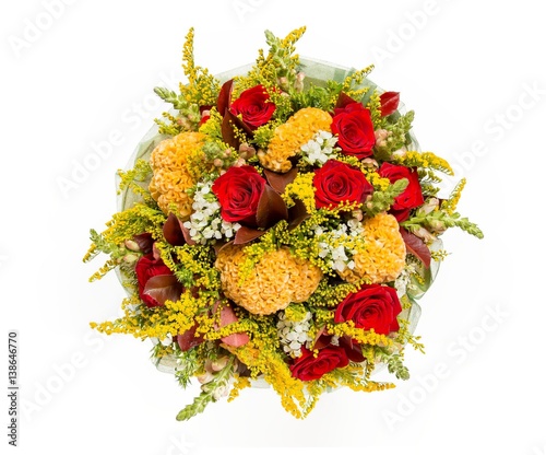 Bouquet of flowers top view on white background