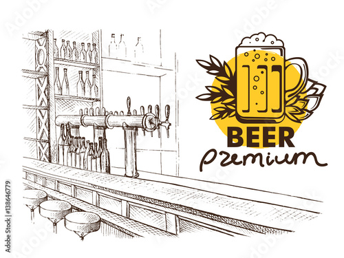 Beer bar pub, long table with chairs in graphic style vector illustration