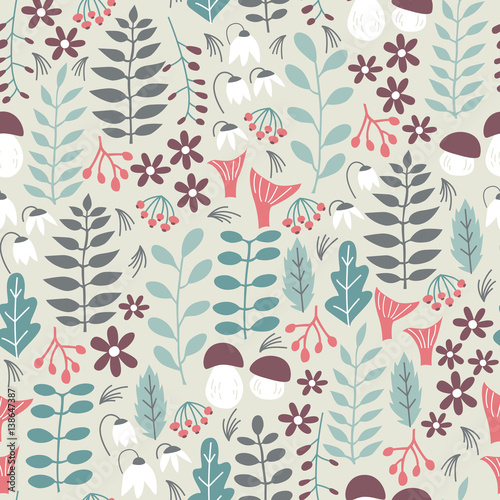 Forest Seamless Pattern. Vector Background with Nature Elements and Abstract Shapes. Seamless Pattern for Fabric, Paper and Other Printing.