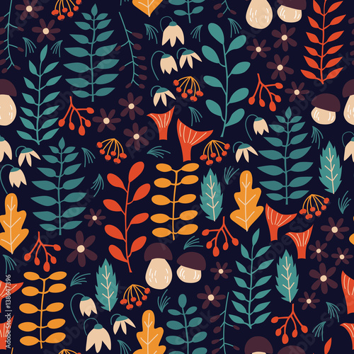 Forest Seamless Pattern. Vector Background with Nature Elements and Abstract Shapes. Seamless Pattern for Fabric, Paper and Other Printing.
