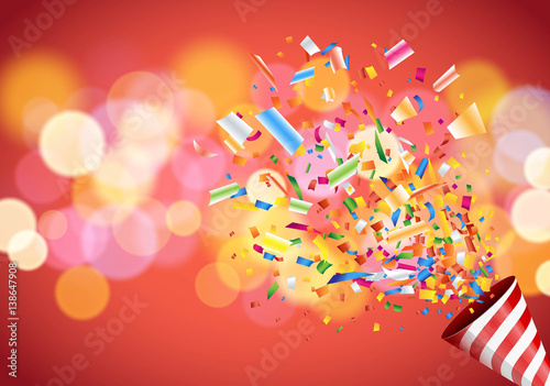 Exploding party popper on colorful defocused blurred background Vector