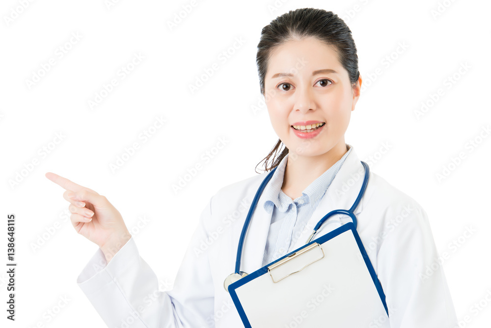 beauty asian doctor pointing showing blank clipboard beauty asian doctor pointing showing blank clipboard