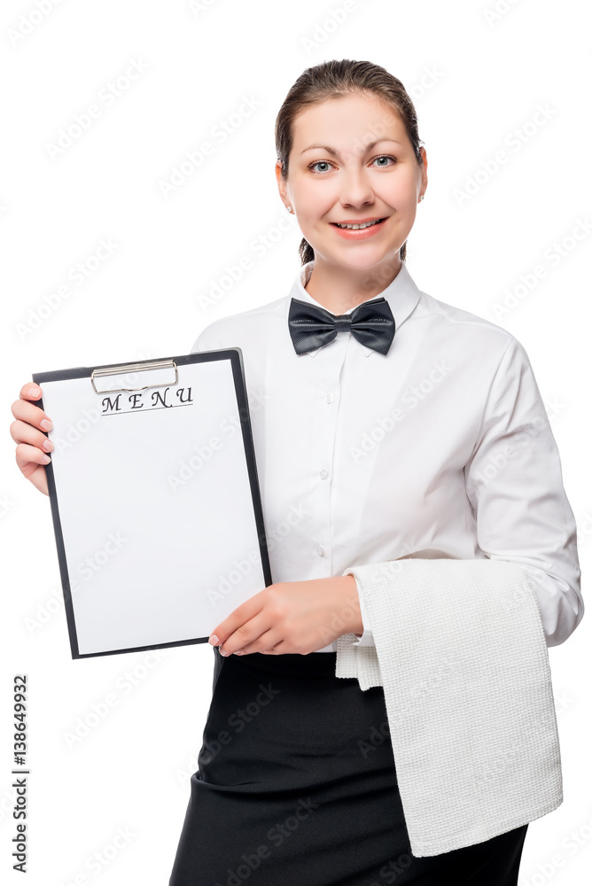 portrait of a waitress with menu isolated in the studio on a white background portrait of a waitress with menu isolated in the studio on a white background