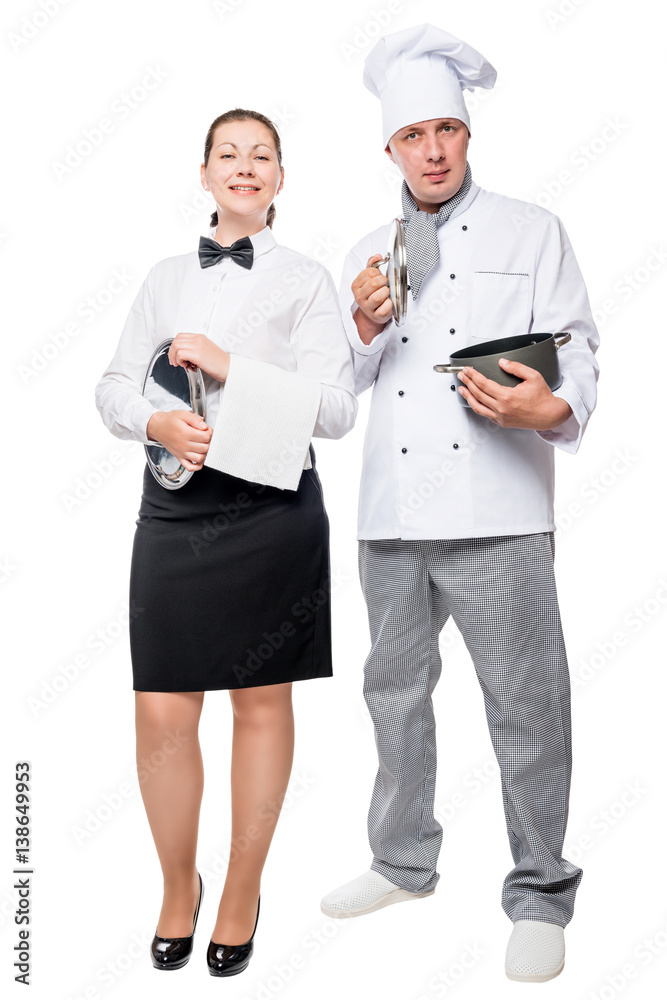 Chef with pan and waitress with a tray on a white background in full length