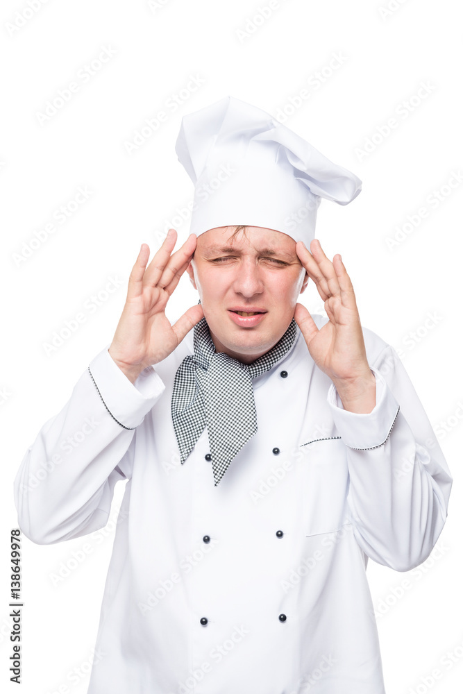 Vertical portrait of chefs with a headache on a white background Vertical portrait of chefs with a headache on a white background