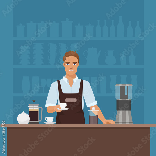 A smiling young man barista preparing coffee with coffee-machine vector in cafe restaurant.