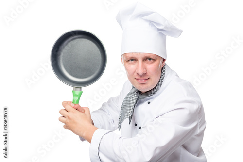 Portrait of aggressive evil chefs with frying pan on a white background