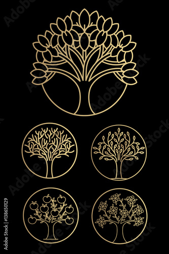 Icons set of trees. Gold foil on a black background.