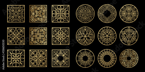 Vintage abstract icons gold on a black background set.