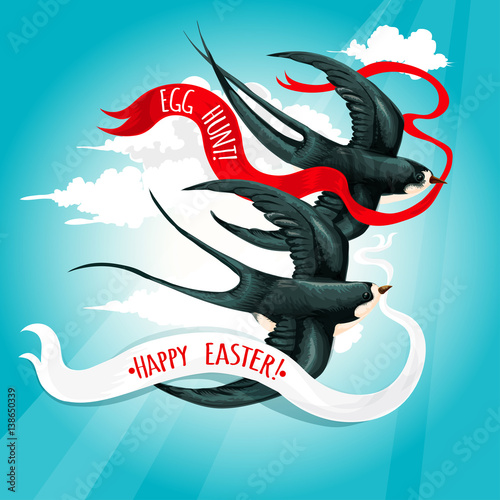 Easter holiday greeting card with swallow bird in blue spring sky. Flying swallow birds carrying ribbon banners with text Happy Easter and Egg Hunt. Easter greetings festive poster design