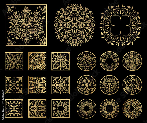 Vintage abstract icons gold on a black background set.