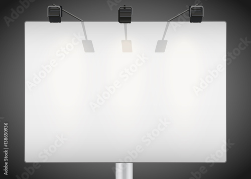 Closeup Empty mockup billboard with spotlights and illuminated at night. A4 format. Vector Illustration isolated on background.