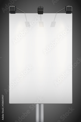 Closeup Empty mockup billboard with spotlights and illuminated at night. Verical A4 format. Vector Illustration isolated on background.