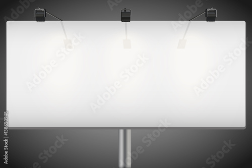 Closeup Empty mockup billboard with spotlights and illuminated at night. Wide format. Vector Illustration isolated on background.