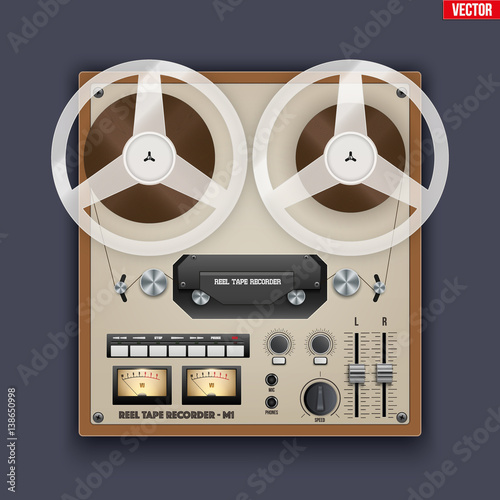 Original Vintage Analog Reel Tape Recorder. Retro technologies. Vector Illustration on dark background