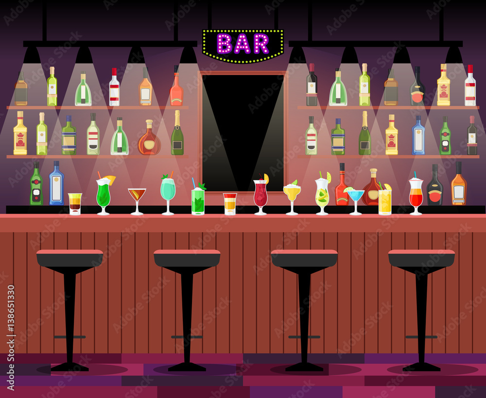 Bar counter with alcohol drinks - obrazy, fototapety, plakaty 