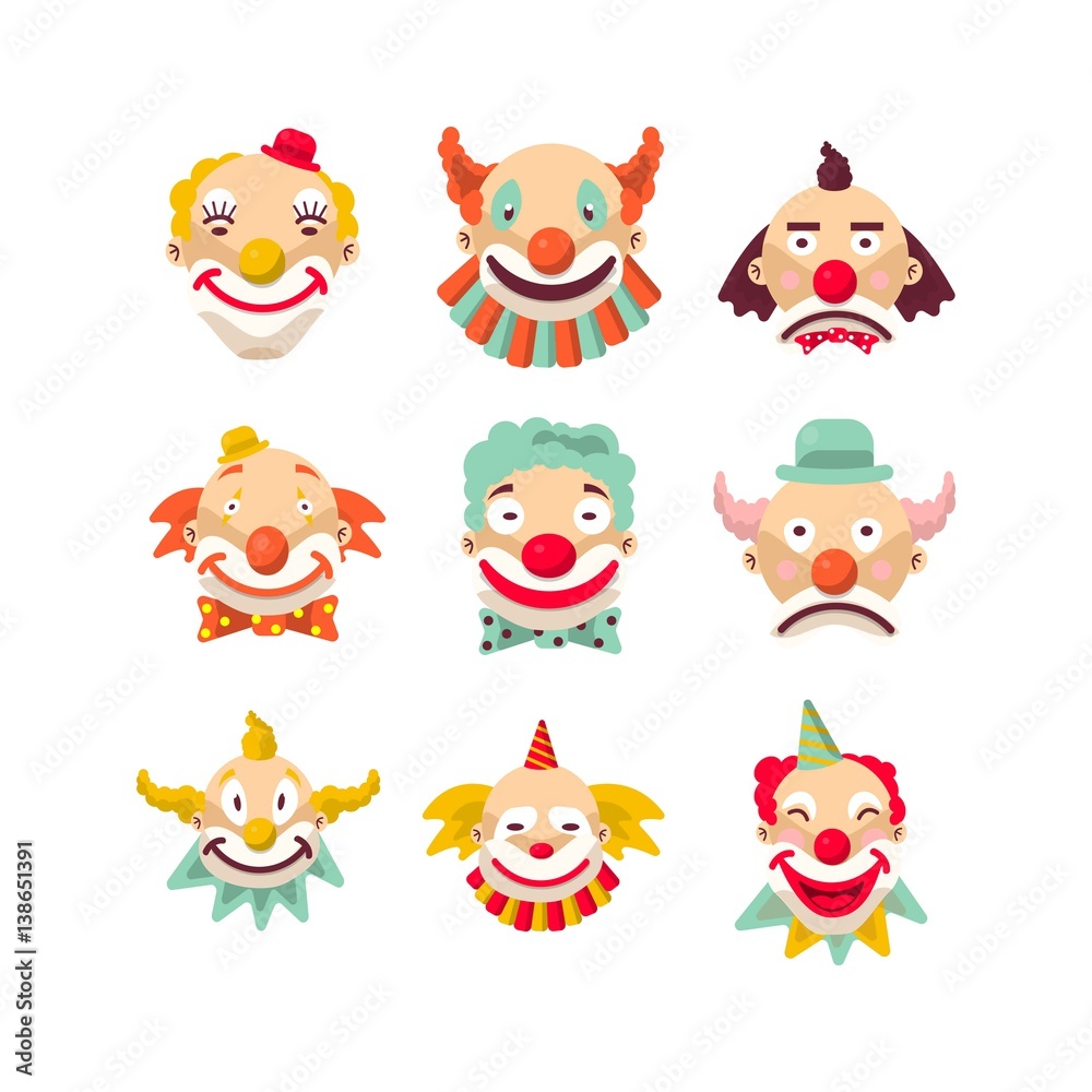 Clown faces vector isolated icons set.