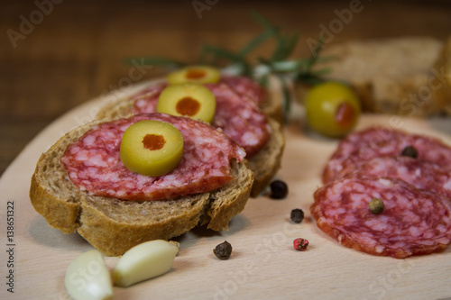 Sandwiches with salami and olives