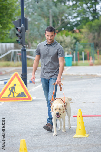 Man walking dog photo