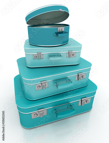 Pile of turquoise luggage open