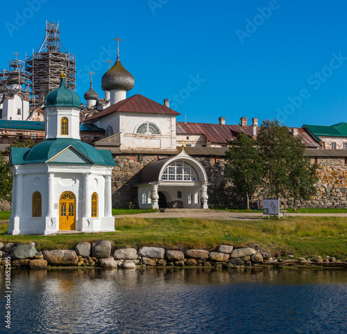 View of the Holy Gate and the Gate Church of the Solovetsky Monastery. Solovki archipelago, Arkhangelsk region, Russia.