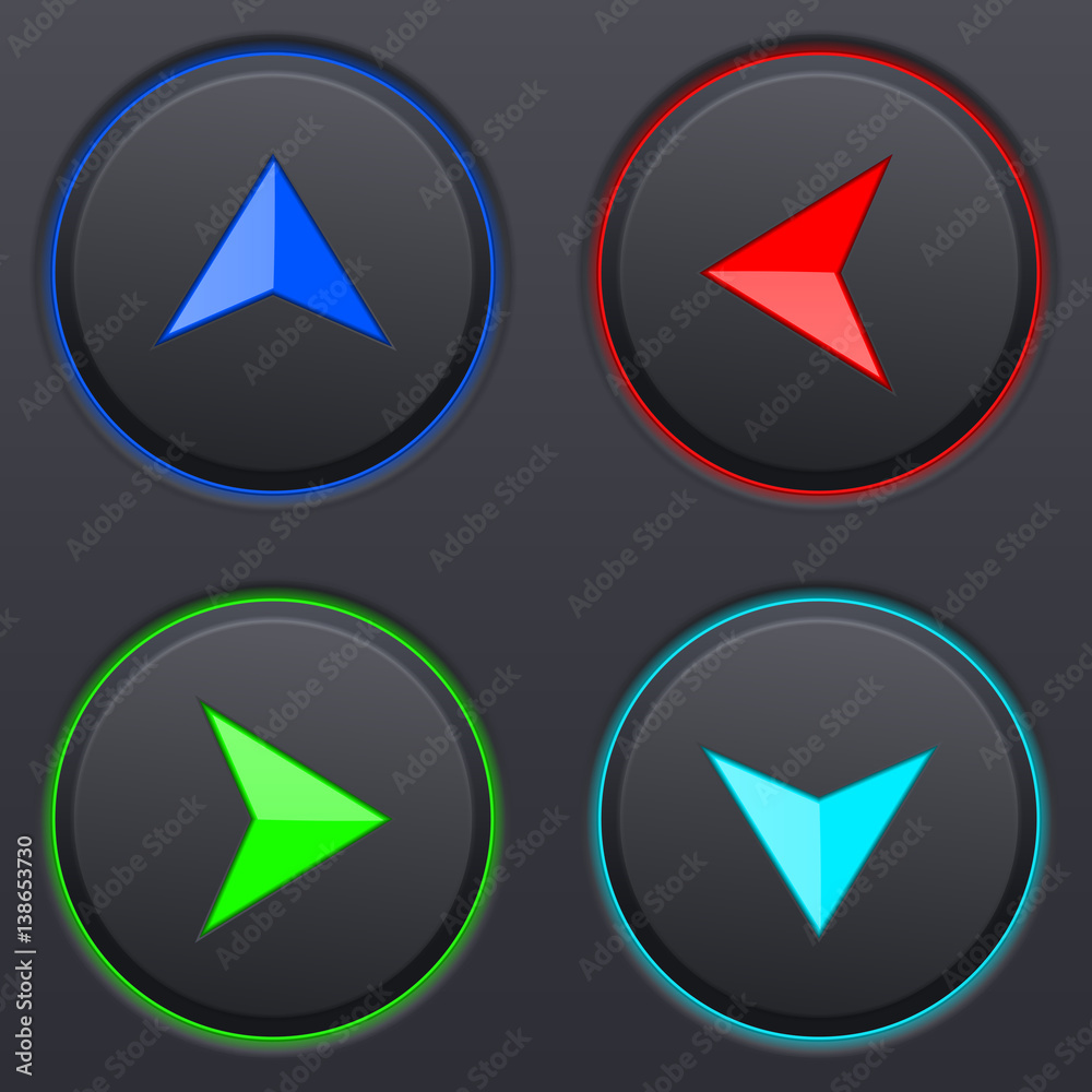 Set of black buttons with colored direction arrows Set of black buttons with colored direction arrows