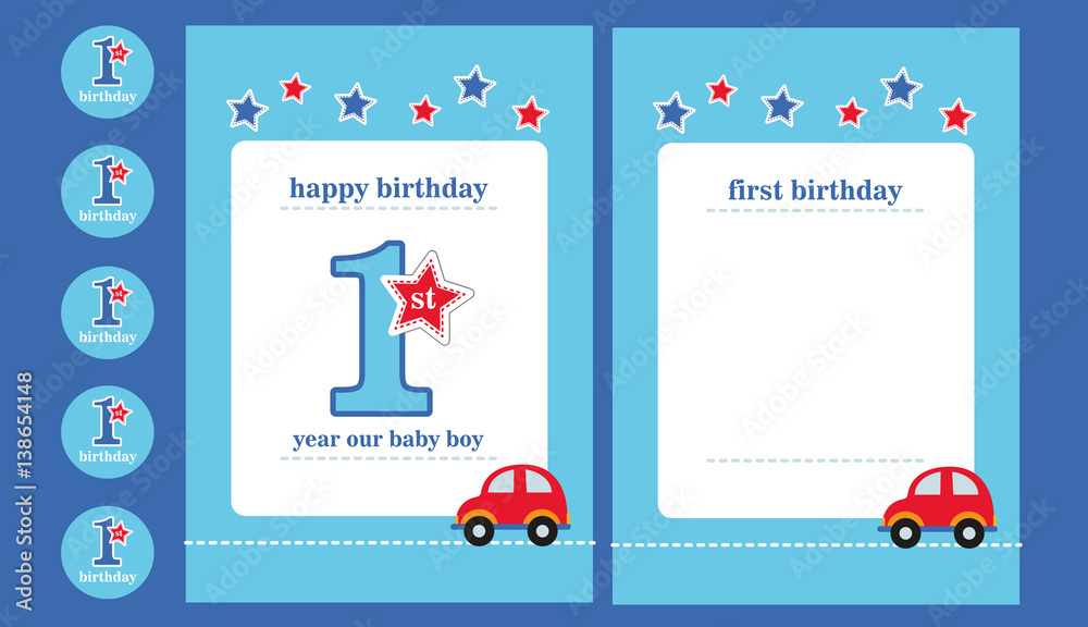 baby boy first birthday party invitation with car - obrazy, fototapety, plakaty 