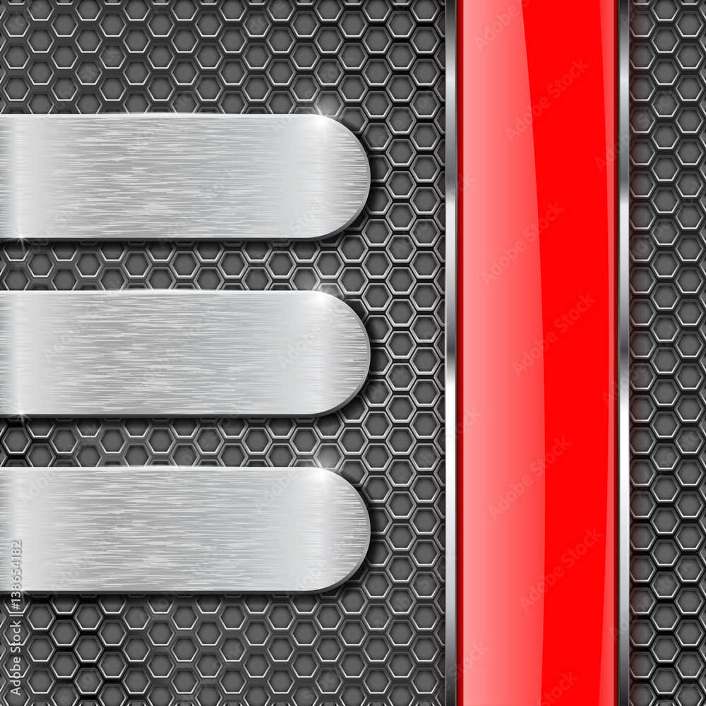 Metal perforated background with shiny glass stripe and metal plates