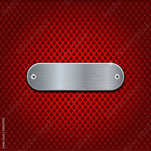 Red diamond perforated background with metal brushed oval plate with rivets