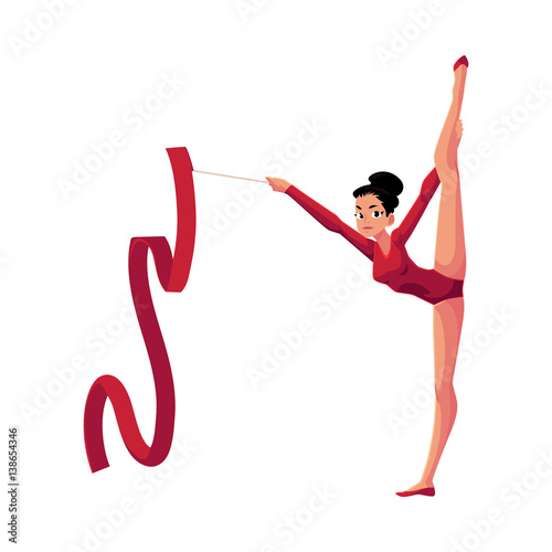 Beautiful girl in leotard standing in vertical leg split, rhythmic gymnastics with ribbon, cartoon vector illustration isolated on white background. Rhythmic gymnast exercising with ribbon