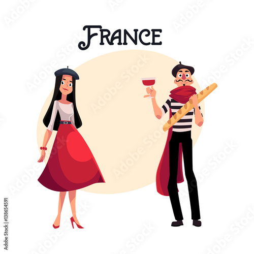 Couple of French characters, woman dressed in Parisian style, mime with wine and baguette, cartoon vector illustration with place for text. Typical French characters, fashionmonger and mime