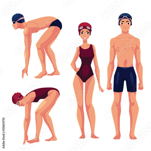Set of swimmer, male and female, standing upright and preparing to dive, cartoon vector illustration isolated on white background. Man and woman in swimming suits, caps and goggles