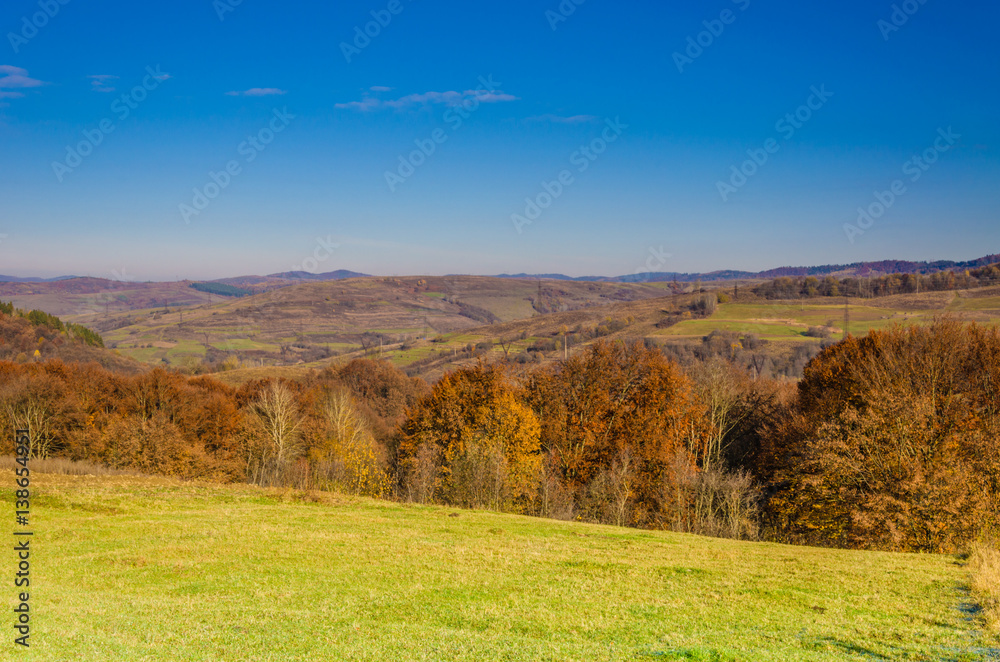 Autumn landscape, trees with colorful leaves, frost on green grass, autumn mountain in fog in the background.