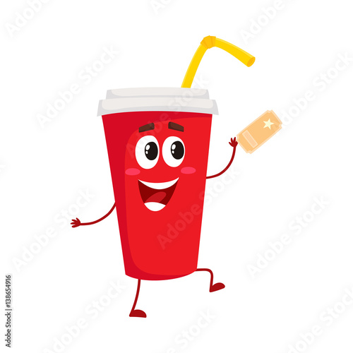 Cute and funny soda drink character in red paper cup with smiling human face, cartoon vector illustration isolated on white background. Smiling movie, cinema soft drink, beverage character, mascot