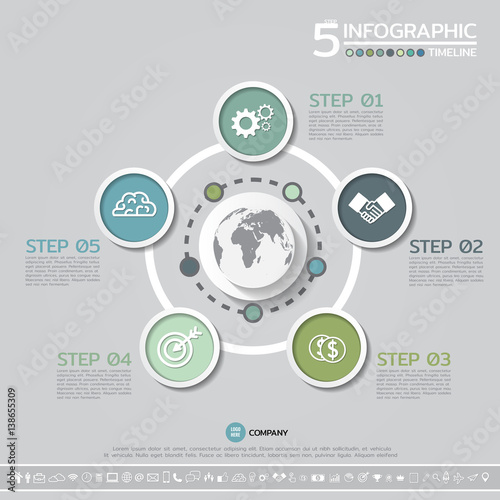 Vector geometric Infographics design template in 5 steps, options or processes for cycle diagram, graph, presentation and chart with icon set.