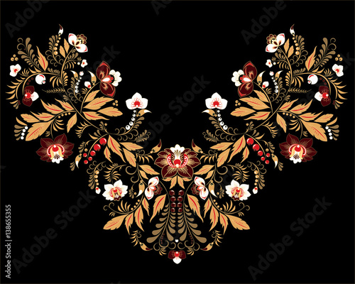 stock vector flowers and leaf ornament. oriental or russian pattern.necklace embroidery design