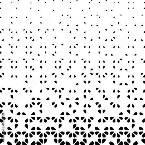 Black and white abstract background with floral decreasing elements, halftone