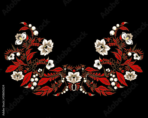 stock vector flowers and leaf ornament. oriental or russian pattern.necklace embroidery design