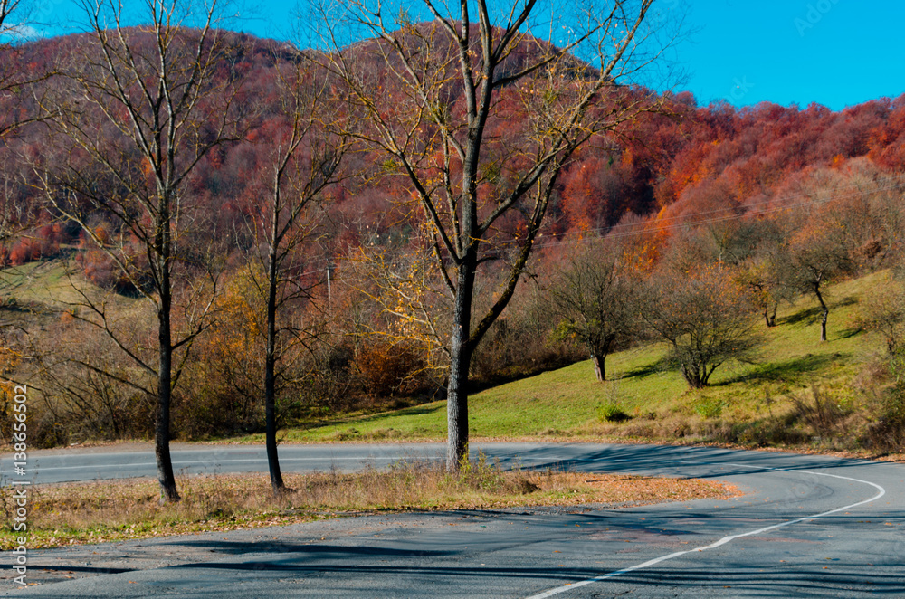 autumn landscape, the road leading into the mountains, blue mountains in the fog in the background. autumn landscape, the road leading into the mountains, blue mountains in the fog in the background.