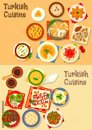 Turkish cuisine grilled meat kebab icon set with meat and fish cutlets, pilaf, stuffed pepper, dumpling, lentil and rice soups, bean stew, chicken with walnut, mussel, cheese pie and fruit dessert