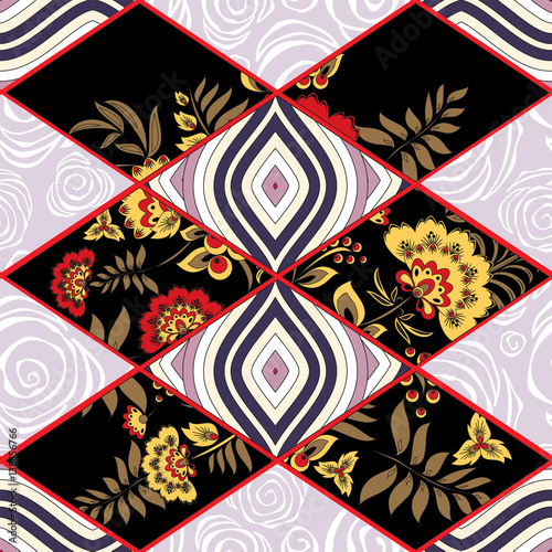 abstract seamless patchwork tile with floral ornament.arabic or orient pattern. vintage style