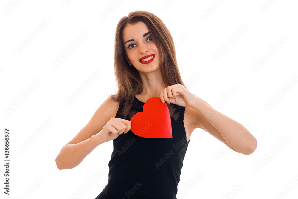 smiling young girl with red lipstick holds postcard sweetheart smiling young girl with red lipstick holds postcard sweetheart