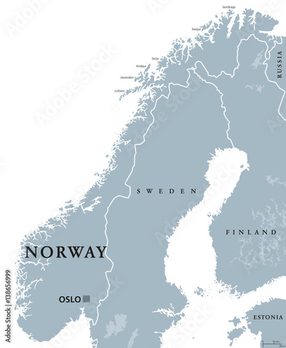 Norway political map with capital Oslo, national borders and neighbors. Kingdom and Scandinavian country in Northern Europe. Gray illustration, English labeling, isolated on white background. Vector.