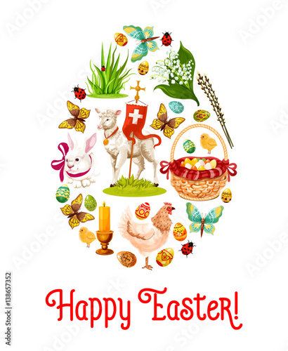Easter egg poster with holiday symbols. Patterned Easter eggs, rabbit bunny, egg hunt basket, lily of the valley flowers, chicken, chick, lamb of God with cross, green grass and butterfly
