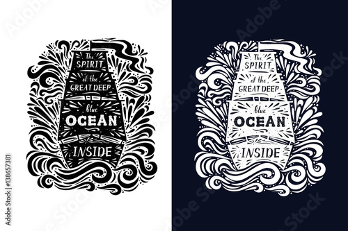 Doodle inspirational print with the ship waves and drops and quote 